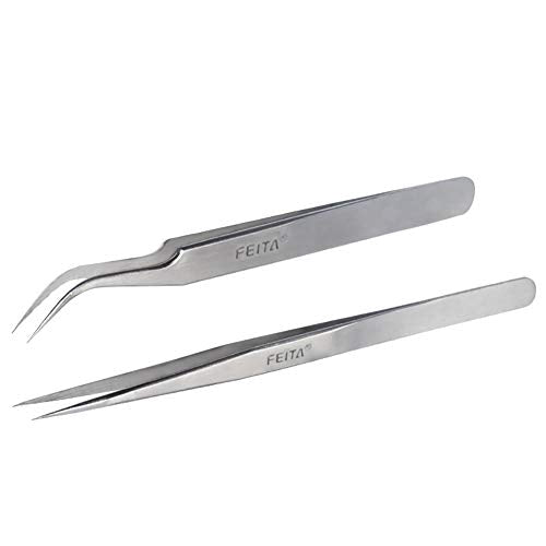 Best Eyelash Extension Tweezer Set - FEITA Pro Straight & Curved Pointy Precision Fine Tip Tweezers for Lash Extensions - Silver - 2Pcs - color: Straight & Curved Tip 2pcs