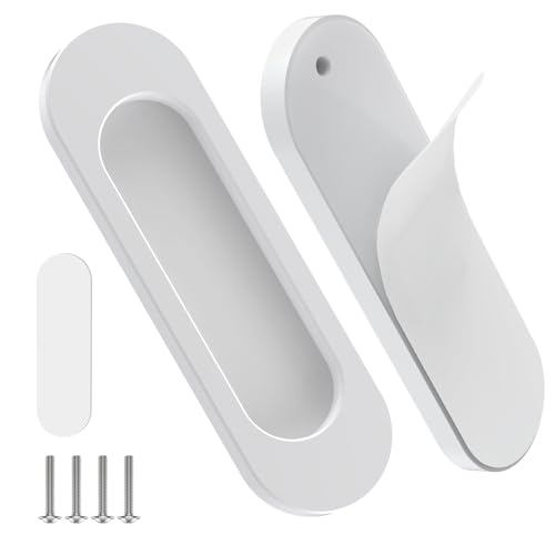 2 Pack Self Stick Sliding Door Handles, Aluminum Alloy 4 Inch Self Adhesive Cabinet Knobs for Push-Pull Glass Barn Doors, Closets, Wardrobes, Windows (2, White) - color: White
