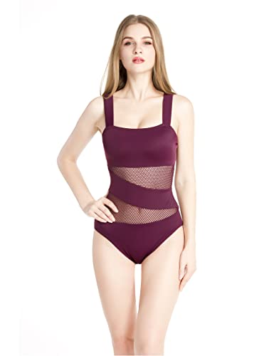 Women's Mesh Swimsuits One Piece Cutout Bathing Suits Backless Hollow Out Swimwear Sexy See Through High Cut Monokini - color: Burgundy, size: 4