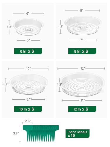 GROWNEER 24 Pack of 6, 8, 10, 12 Inches Clear Plant Saucers Flower Pot Trays, with 15 Pcs Plant Labels, Plastic Plant Drip Trays for Indoor Outdoor Plants Garden, Assorted 4 Sizes, 6pcs of Each Size - size: 6,8,10,12 Inch, 24-Pack