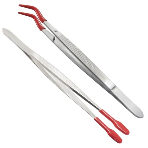 2PCS Rubber Tipped Tweezers,PVC Coated Precision Tweezers Hobby Craft Tweezers Set,Long Bent and Straight Flat Tip Tweezers for Crafts Stamps Coin Beads Jewelry Industrial Electronic Lab(Red)