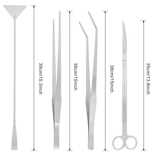 15Inch Extra Long Design Aquarium Aquascaping Tool Stainless Steel Aquascape Tools Kit 4 in 1 Anti-Rust Fish Tank Starter Kit with Long Tweezers Scissors Spatula for Aquarium Plants (Silver) - color: Silver