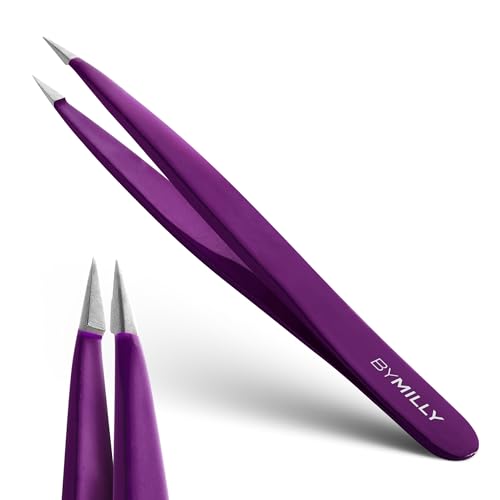 Pointed Tweezers | Stainless Steel | Hand-Filed Point Tips for Ultra Precision | Tweezers for Ingrown Hair & Eyebrows | For Men and Women | Effortless Plucking | Professional | Purple - color: Purple