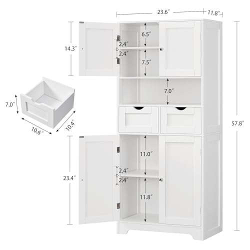 TEENFON 57.8" H Tall Bathroom Storage Cabinet with 4 Doors & 2 Adjustable Shelves, Freestanding Bathroom Cabinet with 2 Drawers, Kitchen Cabinets & Pantry, Cupboard for Kitchen, Dining Room, White - color: White 2 Drawers
