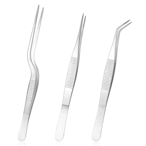 Garden Tweezers, 3 Pcs Stainless Steel Plant Tweezer Set Straight and Curved Precision Tweezers Multipurpose Bonsai Tools for Garden, Kitchen, Indoors and Outdoors (6.22Inch / 6.33Inch / 6.4Inch)