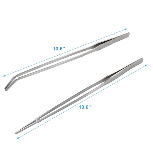 2PCS Stainless Steel Reptile Feeding Tongs, Long Tweezers Aquarium Terrarium Feeder Tools for Reptiles, Lizards, Snakes (Straight and Curved)
