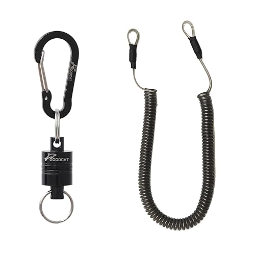 GOODCAT Strongest Magnetic Fly Fishing Net Release - Retractable Coiled Lanyard with Carabiner, Magnet Keychain Clip Retractor - color: A:Black