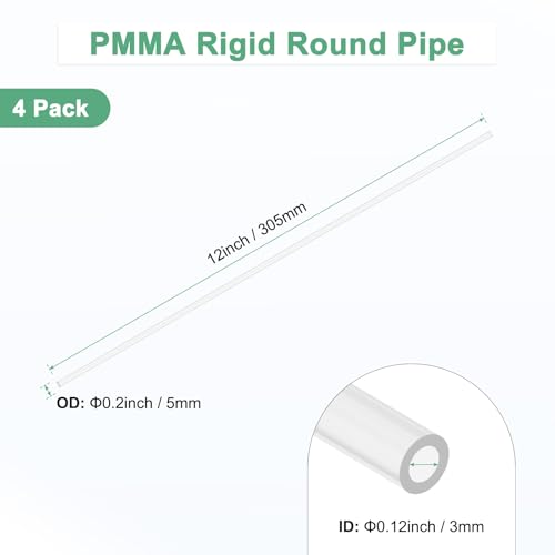M METERXITY 4-Pack Clear Rigid Acrylic Pipe, 3mm[0.12"] ID x 5mm[0.2"] OD Plastic Round Tube for Water Cooling System/Lamps/Fountains/Aquariums/Display Stand, Acrylic Tubing [305mm/12IN] - size: 3mm ID x 5mm OD