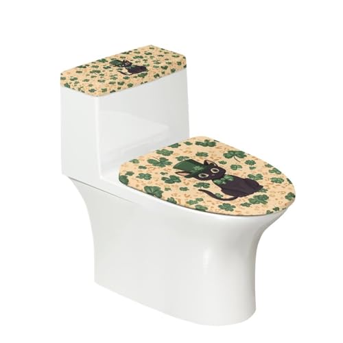 St Patricks Day Toilet Seat Lid Cover Pack of 2, for Home Indoor Decor, Toilet Tank Lid Cover Replacement with Elastic Bottom Fits for Most Toilet Tanks & Lids, Black Cat Four Leaf Clover - color: Black Cat Four Leaf Clover