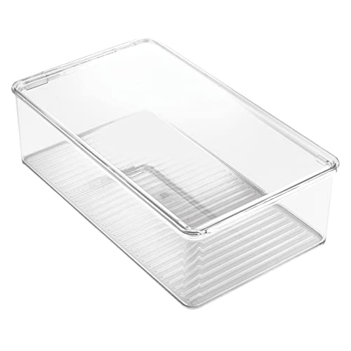 mDesign Stackable Plastic Bathroom Storage Box, Hinge Lid, Container for Organizing Soap, Body Wash, Shampoo, Conditioner, Hand Towels, Hair Accessories - Lumiere Collection, Clear