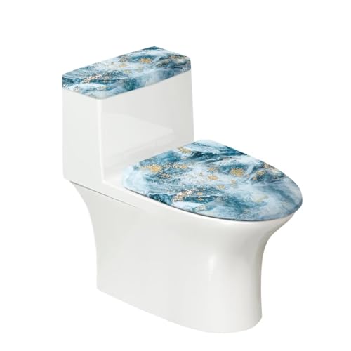 Bathroom Toilet Tank Lid Cover Set of 2, Easy to Clean Washable Toilet Lid Seat Cover Home Bathroom Decoration Fits Most Size Toilet Tanks & Lids, Grey Blue Marble - color: Grey Blue Marble