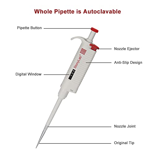 stonylab Single Channel Pipettor Controller, Adjustable Variable Volume Micropipette Pipette Pipet with Tip Cone for Laboratory Research, 10-100 µL - size: 10-100 ul