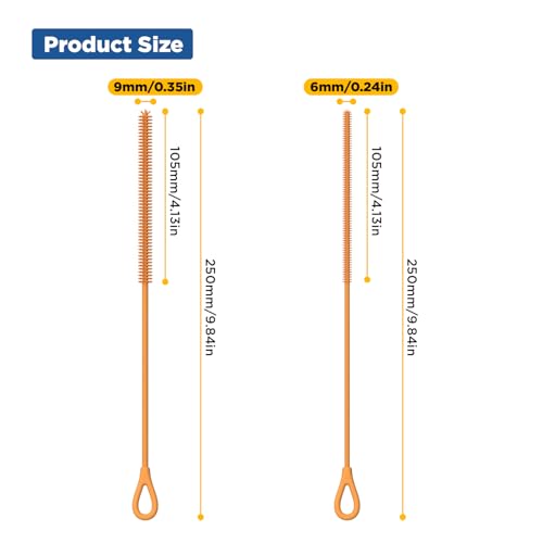 YOTIME Silicone Straw Cleaner Brush, 2Pcs Reusable Straw Brush Extra Long for Cleaning Tumbler with Handle and Glass Metal Smoothie Straws, Non-slip Handle Soft and Bendable, 6mm+9mm, Orange - color: Orange