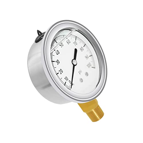 Joywayus Pressure Gauge 0-100 PSI Brass 1/4" NPT Male Thread Lower Mount, Glycerin Filled, Stainless Steel Case, Multiple Function - size: 0-100PSI--1/4", style: Glycerin Filled