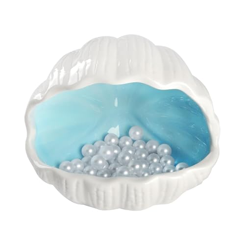 Ceramic Shell Cave with 50 Pearls - Betta Fish & Shrimp Tank Decorative Hideout(Blue + 50PCS Pearl)