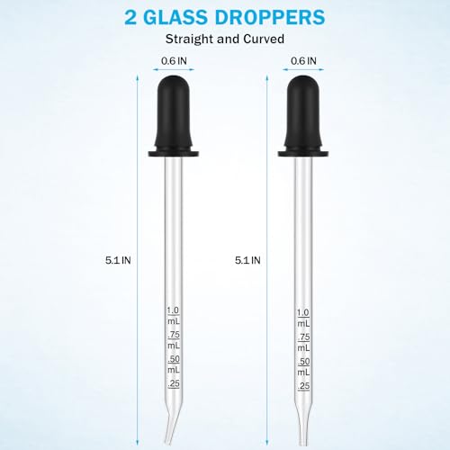 Herain Glass Eye Dropper-8pcs, Long Pipette Dropper Bent & Straight Tips, 1 ml Droppers for Essential Oils, Lab, Crafts, Measuring and Transferring a Variety of Liquids - style: Large Rubber Bulb-8pcs-Long Bent Straight