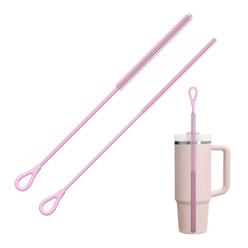 YOTIME Silicone Straw Cleaner Brush, 2Pcs Reusable Straw Brush Extra Long for Cleaning Tumbler with Handle and Glass Metal Smoothie Straws, Non-slip Handle Soft and Bendable, 6mm+9mm, Pink - color: Pink
