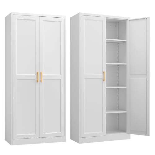 SteeLoong Kitchen Pantry Cabinet,71”White Metal Pantry Storage Cabinet with Doors and 4 Adjustable Shelves,Kitchen Cabinet with 2 Gold Handles,Tall Cabinet for Livingroom,Pantry, Bathroom,Kitchen - color: White, size: 71"H