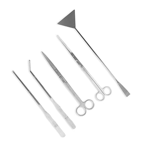 Aquarium Scissors and 5 in 1 Aquascaping Kit with Tweezers, Spatula for Fish Tank Cleaning and Aquatic Plant Trimming, Stainless Steel, Premium 5 Piece Set