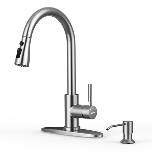 WEWE Kitchen Faucet with Soap Dispenser and Pull Down Sprayer, RV Single Handle Classic 3 Modes Stainless Steel Faucet for Kitchen Sink, RV, Stainless Steel - color: Brushed Nickel, style: Classic