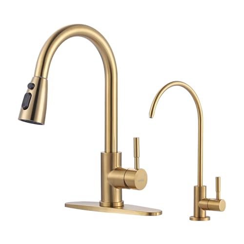 Kitchen Faucet and Water Filter Faucet Combo, WOWOW Stainless Steel Kitchen Sink Faucet with Drinking Water Faucet for Reverse Osmosis or Water Filtration System, Brushed Gold - color: Gold, style: Kitchen Faucet & Filter Faucet