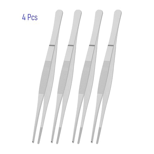 4 PCS 5 Inch Stainless Steel Tweezers, with Straight Round Blunt Serrated Tip, 1/16 Inch Thickness Stainless Steel, Multipurpose Daily Garden Home Lab Craft Repairing Tool - size: 5"L(1/16"T)