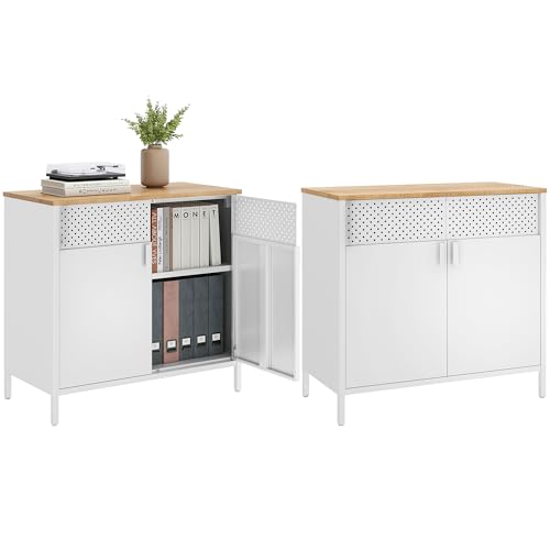SONGMICS Set of 2 Storage Cabinets, Metal Cabinet, Sideboard with 2 Doors, 15.7 x 31.5 x 29.9 Inches, Magnetic Closure, Adjustable Shelf, Steel Frame, Natural Beige and White ULSC791W01 - color: Natural Beige + White, size: 31.5"W, style: 2 pack