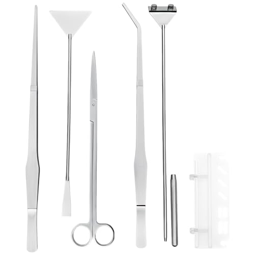 6 Pcs Stainless Steel Aquascaping Tools Kit for Aquarium Plant Care, Algae Scraper, 15 in / 38 cm Tweezers, 11.8 in / 30 cm Scissors, 12.6 in / 32 cm Sand Spatula, Acrylic Holder, Silver
