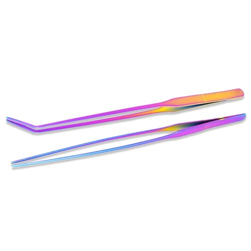 Mandala Crafts 15 Inches Rainbow Stainless Steel Straight and Curved Aquarium Tweezers for Aquatic Plants – Long Aquascape Forceps for Fish Tanks, Hospital Tanks, Goldfish Bowls, and Terrariums - color: Rainbow Curved Straight Tweezers, size: 15 Inches