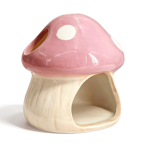 Betta Fish Tank Accessories, 4.33'' × 4.33'' Ceramic Mushroom House Aquarium Decor - Cute Pink Hideout Cave Ornament for Small Fish, Shrimp, Goldfish, Hamsters & Reptiles (Pink) - color: Pink