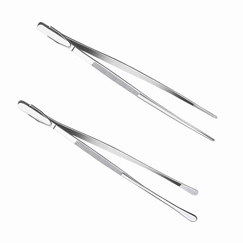 12Inch BBQ Long Forceps Tweezers, Serrated Flat Tips Science Surgical Tongs Jewelers Needle Metal Sewing Sharp Kitchen Cooking Tweezers With Teeth Knurled Handles - color: 2 Parks12in Bbq Tongs W/Hook