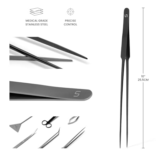 UNS Aquascaping Tools - Stainless Steel, Rust Resistant, Freshwater Planted Tank, Saltwater Reef Aquarium Maintenance Accessory - Planting, Coral Setting - Straight Pinsettes, Black - color: Black