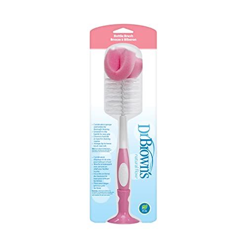 Dr. Brown's Reusable Sponge Baby Bottle Cleaning Brush with Suction Cup Stand, Scrubber and Nipple Cleaner, Pink 1-Pack - color: Pink Bottle Brush, size: 1-Pack