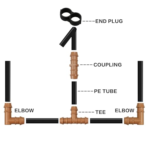 28P Drip Irrigation Fittings Kit (17mm) for 1/2" Tubing (.600" ID), 10 Couplings, 6 Tees, 6 Elbows and 6 Tubing End Closure - Barded Connectors for Drip or Sprinkler Systems(28 Pieces Set) - color: 28pcs-drip irrigation kits