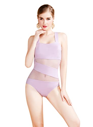 Women's Mesh Swimsuits One Piece Cutout Bathing Suits Backless Hollow Out Swimwear Sexy See Through High Cut Monokini - color: Lavender, size: 6