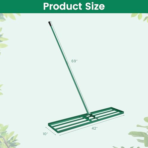 Goplus Lawn Leveling Rake, 42" x 10" Heavy Duty Level Lawn Tool w/ Ergonomic Handle for Soil, Effort-Saving Landscape Rake for Garden, Backyard, Golf Course, Farm, Pasture - style: 42" x 10", Green