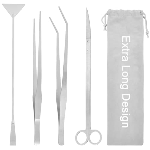 15Inch Extra Long Design Aquarium Aquascaping Tool Stainless Steel Aquascape Tools Kit 4 in 1 Anti-Rust Fish Tank Starter Kit with Long Tweezers Scissors Spatula for Aquarium Plants (Silver) - color: Silver