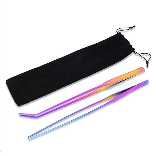 Mandala Crafts 15 Inches Rainbow Stainless Steel Straight and Curved Aquarium Tweezers for Aquatic Plants – Long Aquascape Forceps for Fish Tanks, Hospital Tanks, Goldfish Bowls, and Terrariums - color: Rainbow Curved Straight Tweezers, size: 15 Inches