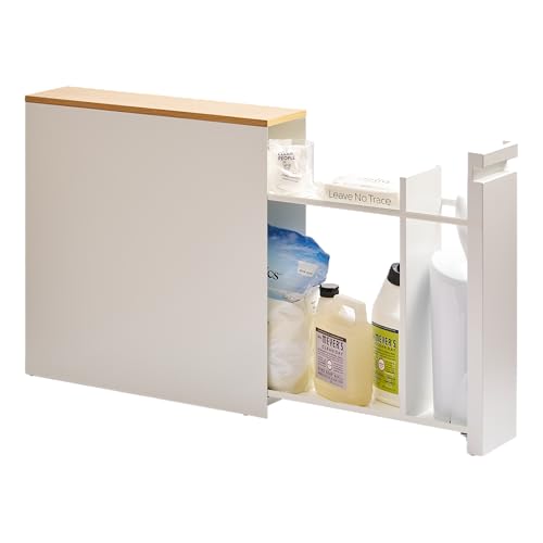 YAMAZAKI Home Pull-Out Bathroom Storage Cabinet – Slim Bathroom Storage Cabinet with Wood Top, Steel Organizer for Toilet Paper and Cleaning Supplies, Modern Space-Saving Design, White - Steel + Wood - color: White