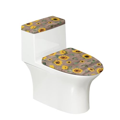 Bathroom Toilet Tank Lid Cover Set of 2, Bathroom Cover Stays in Place Soft Toilet Lid Seat Cover Home Decoration Fits Most Size Toilet Tanks & Lids, Sunflower Wood Grain Print - color: Sunflower Wood Grain Print