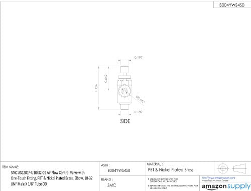 SMC AS1201F-U10/32-01 Air Flow Control Valve with Push-to-Connect Fitting, PBT & Nickel Plated Brass, Elbow, 10-32 UNF Male x 1/8" Tube OD