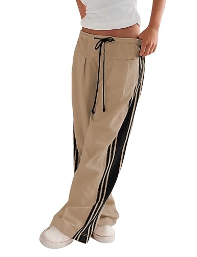 Hongsui Women's Wide Leg Pants Drawstring High Rise Side Striped Slouchy Palazzo Pants with Pockets - color: Khaki, size: Small