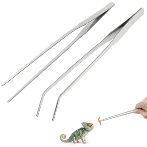 Syn-zer 2PCS Stainless Steel Reptile Feeding Tongs, 10.6 inch Straight and Curved Tweezers for Aquarium, Terrarium & Crafts Bearded Dragon Snake Tank Accessories, Planted Tank Tools Feeder for Lizards