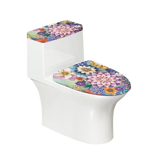 Toilet Tank Lid Cover Replacement Set of 2, Bathroom Toilet Covers Set with Elastic Bottom Fits Most Size Toilet Tanks & Lids Indoor Decoration, Boho Flower Blue Purple - color: Boho Flower Blue Purple