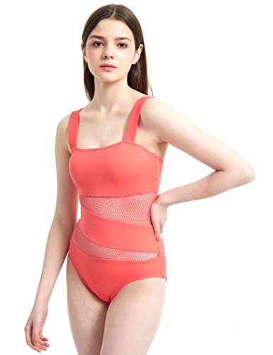 Women's Mesh Swimsuits One Piece Cutout Bathing Suits Backless Hollow Out Swimwear Sexy See Through High Cut Monokini - color: Watermelon, size: 8