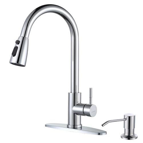 Chrome Kitchen Faucet with Soap Dispenser, WOWOW Stainless Steel Faucet for Kitchen Sink 2 or 4 Hole, High Arc Single Handle Pull Down Kitchen Faucet for Sink, RV, Laundry, Bar - color: Chrome, style: Kitchen Faucet with Soap Dispenser