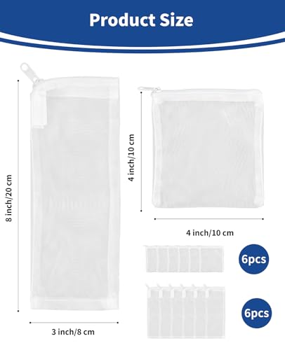 12PCS Aquarium Filter Media Bags, 6PCS 4” x 4” & 6PCS 3” x 8” Extra Fine 100 Micron Mesh with Plastic Zipper for Fish Tank Filter Media, Activated Carbon