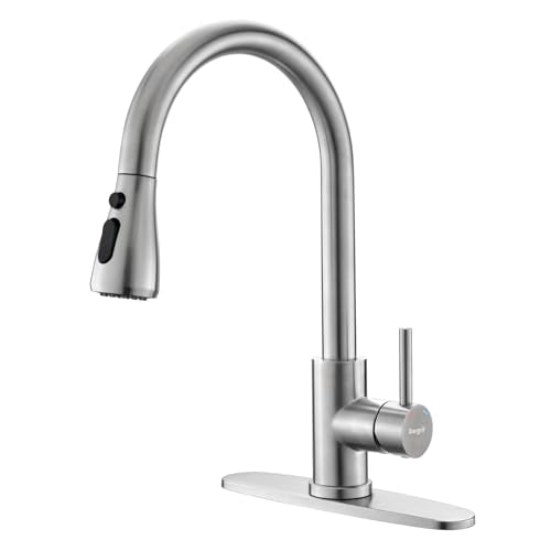 Ibergrif Kitchen Faucets with Pull Down Sprayer, Single Handle High Arc Brushed Nickel Stainless Steel 1 or 3 Hole Kitchen Sink Faucet with Deck for RV Laundry Farmhouse Bar