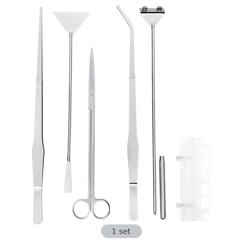 6 Pcs Stainless Steel Aquascaping Tools Kit for Aquarium Plant Care, Algae Scraper, 15 in / 38 cm Tweezers, 11.8 in / 30 cm Scissors, 12.6 in / 32 cm Sand Spatula, Acrylic Holder, Silver