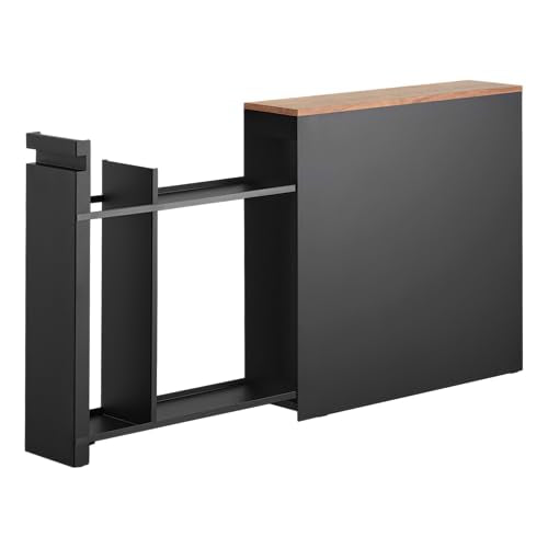 YAMAZAKI Home Pull-Out Bathroom Storage Cabinet – Slim Bathroom Storage Cabinet with Wood Top, Steel Organizer for Toilet Paper and Cleaning Supplies, Modern Space-Saving Design, Black - Steel + Wood - color: Black